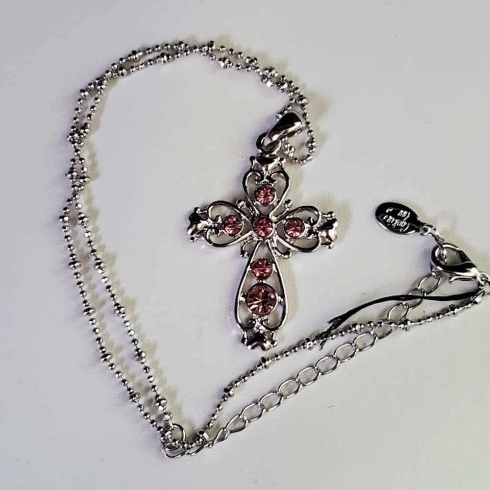 Cookie Lee Pink Rhinestone Filigree Cross Pendant Necklace Filigree Y2K Gothic - Picture 4 of 8